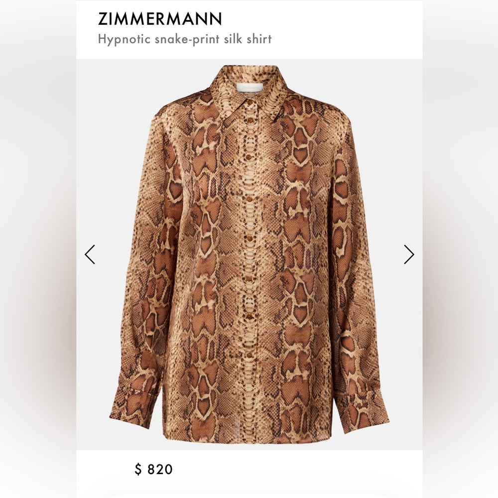 New $820 Zimmermann Brown Snake-Print Silk Blouse - Picture 2 of 3